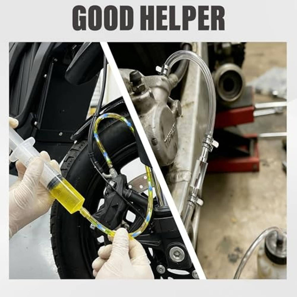 Brake bleeder kit being used on a motorcycle brake caliper with attached clear tube