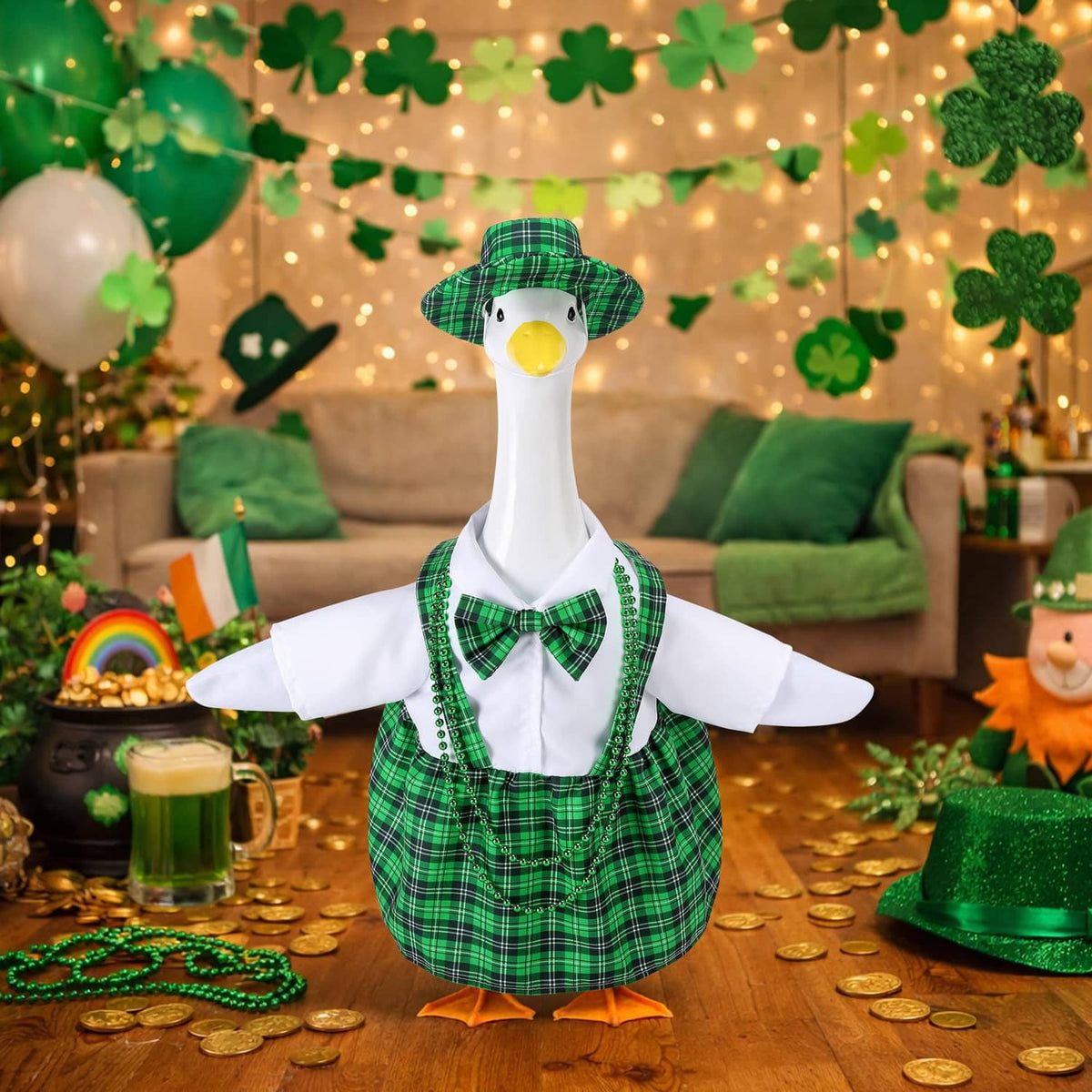 Goose decoration wearing plaid dress, white shirt, green bow tie and plaid top hat