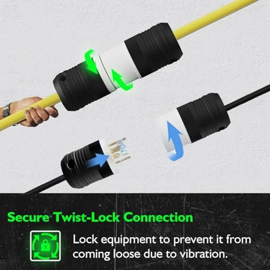 Two generator twist-lock plugs connected, showing the twist-lock mechanism on black ribbed housing