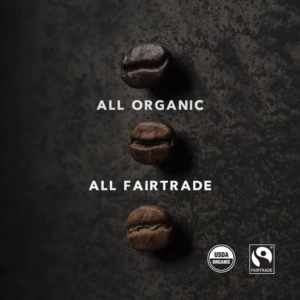 Coffee beans with All Organic and All Fairtrade text and decaf dark roast badges