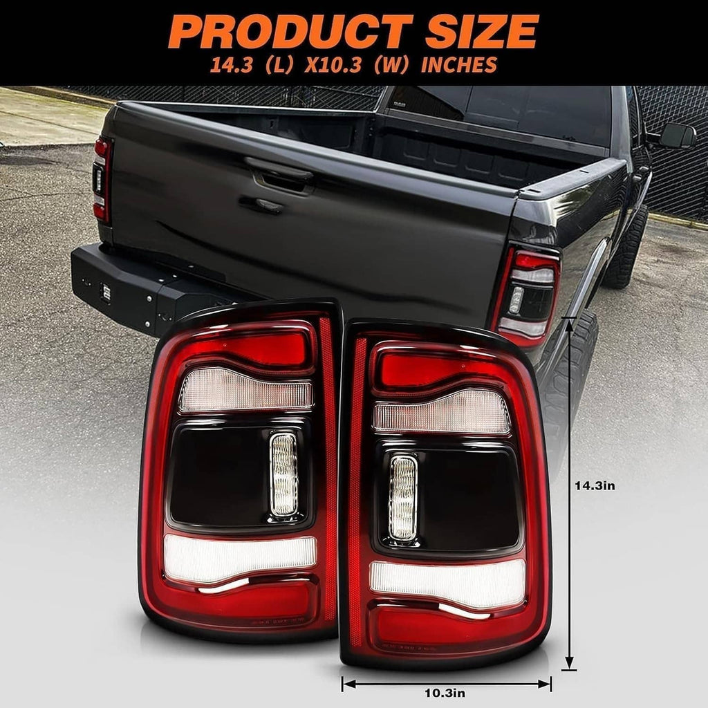 LED tail light pair with black bezels and red/clear lenses, shown with overall size markings.
