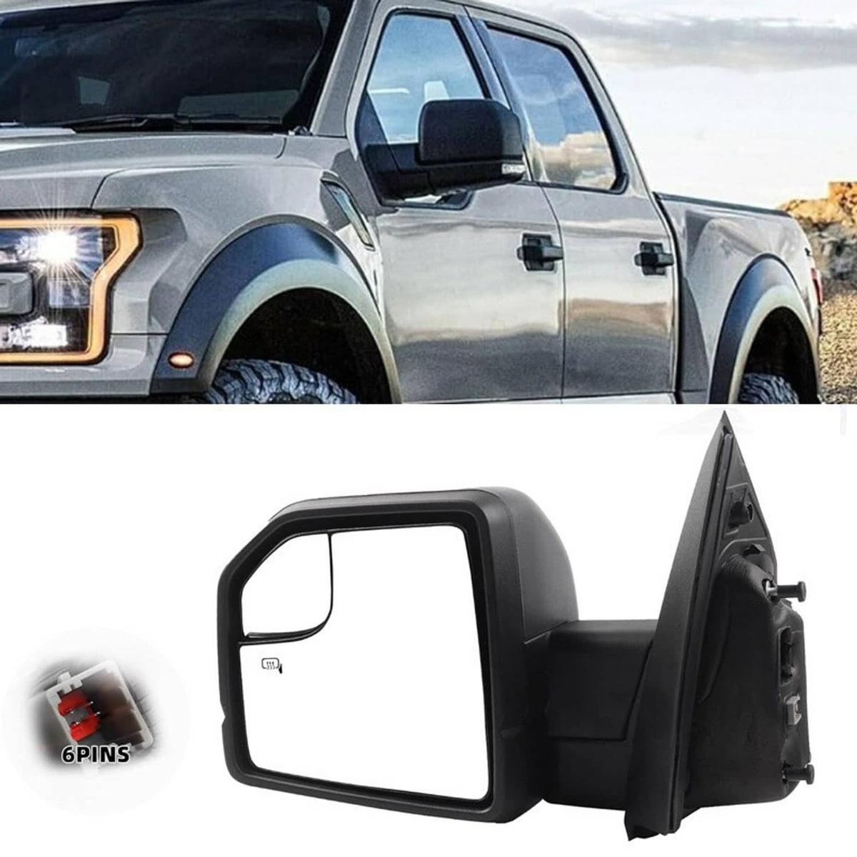 Passenger side black towing mirror with clear glass and 6-pin wiring connector