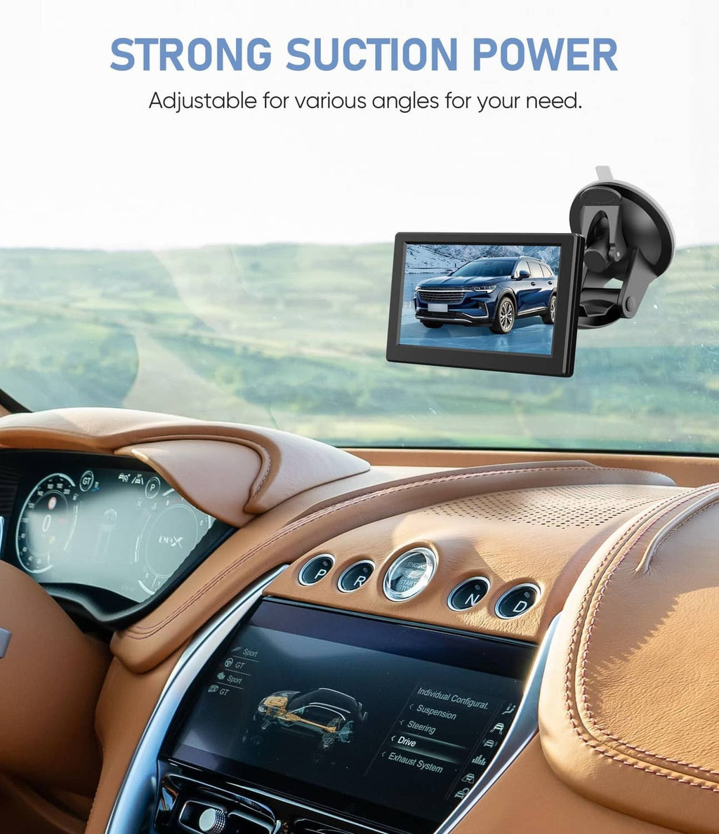 Black windshield-mounted backup camera monitor on a suction bracket