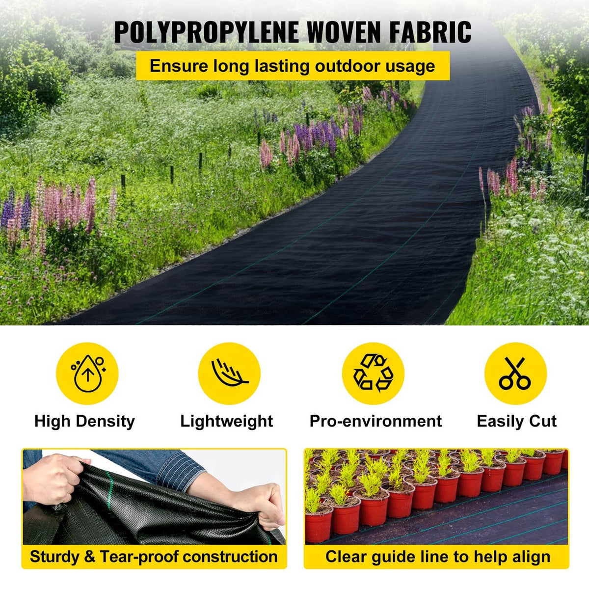 Black polypropylene woven weed barrier fabric roll with green guide lines