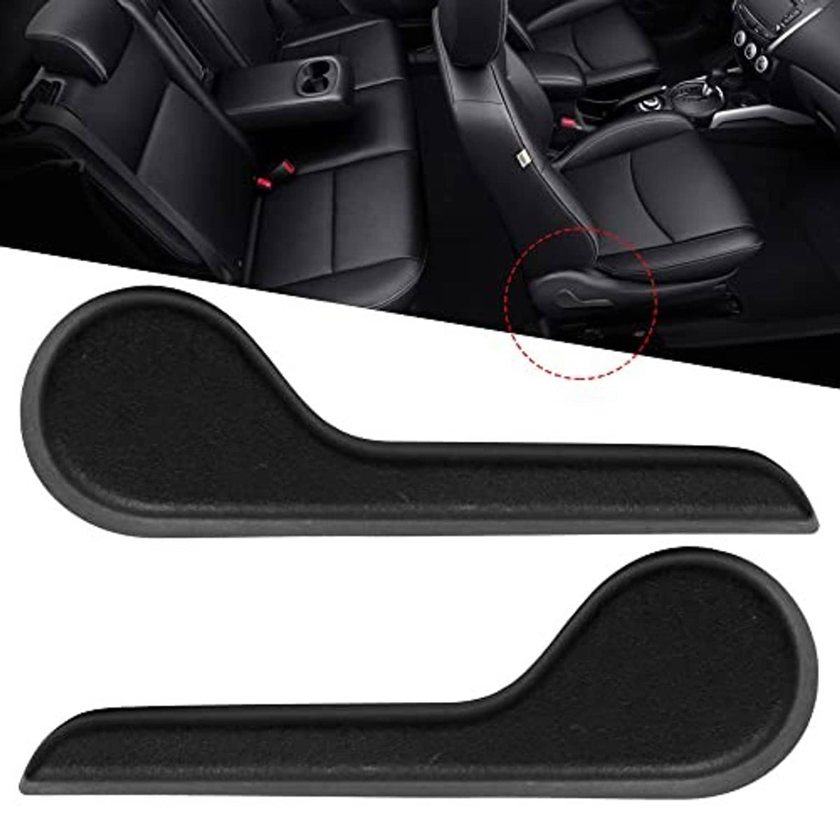 Two black seat recliner handle levers shown near front seats