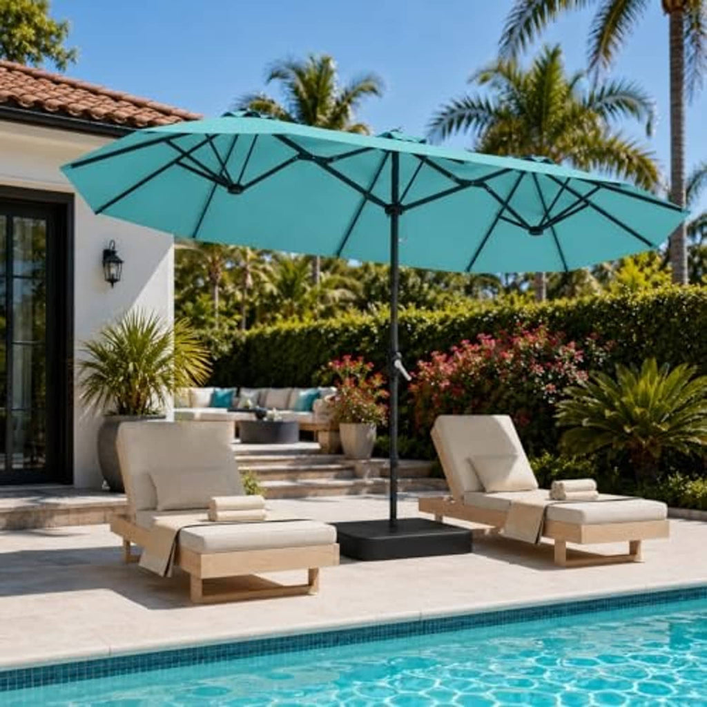 Turquoise patio umbrella with black pole and base, open over seating area