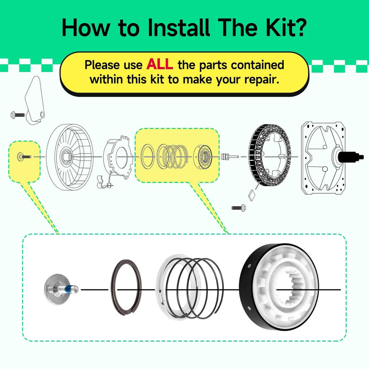 Washer clutch kit installation illustration showing gear parts, spring, and outer plate