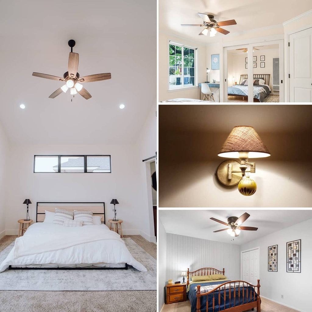 A15 LED bulb daylight lighting in a bedroom with ceiling fan lights on