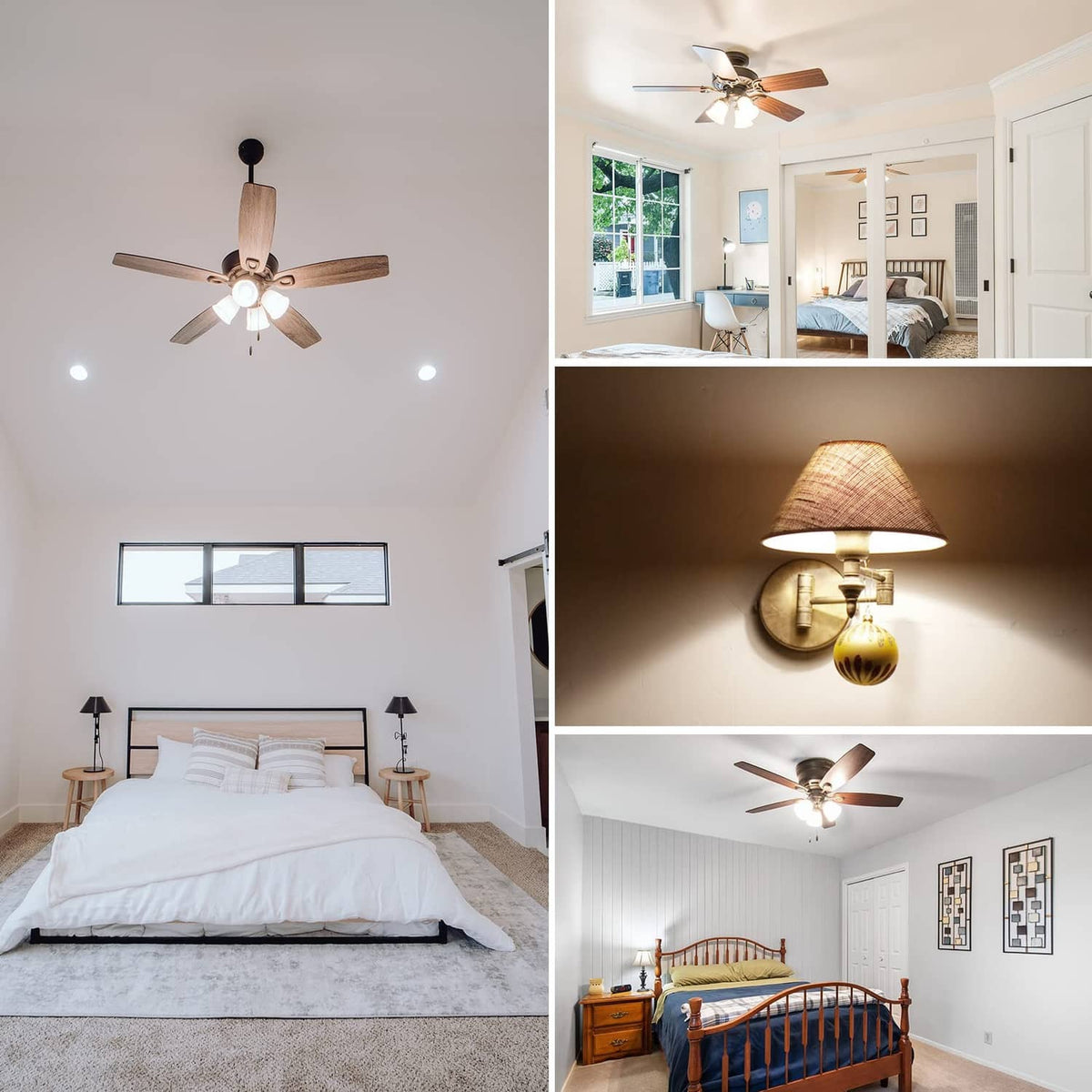 A15 LED bulb daylight lighting in a bedroom with ceiling fan lights on