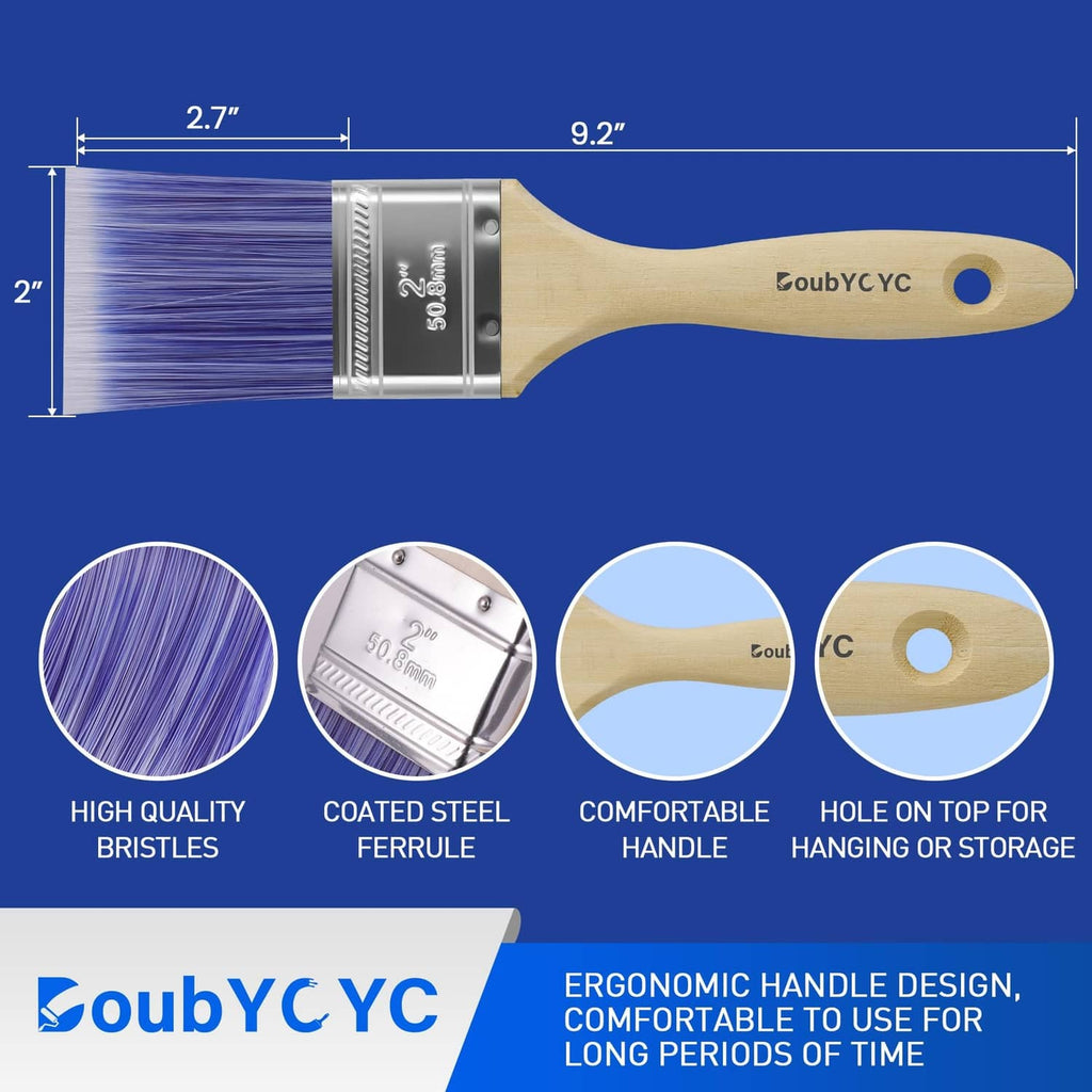 2-inch flat paint brush with purple bristles and wood handle, labeled size