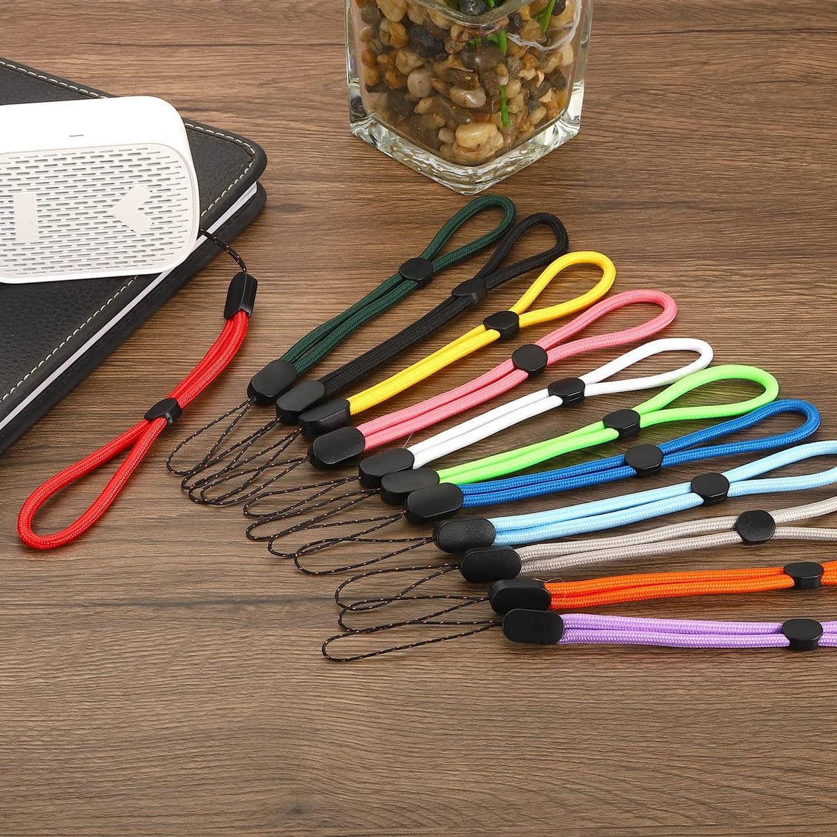 Multicolor hand wrist strap lanyards with black end caps and keyring loops
