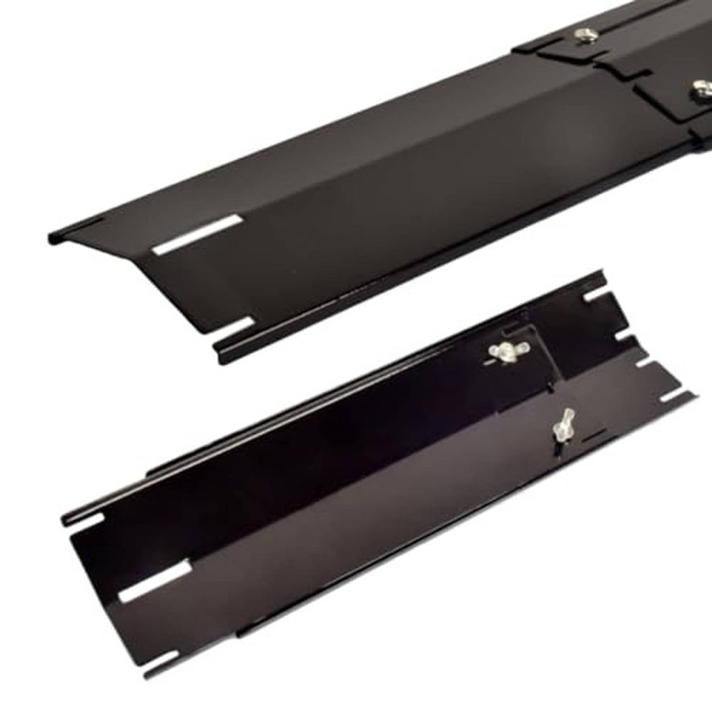 Universal grill heat shield plates close-up, dark steel panels with mounting brackets