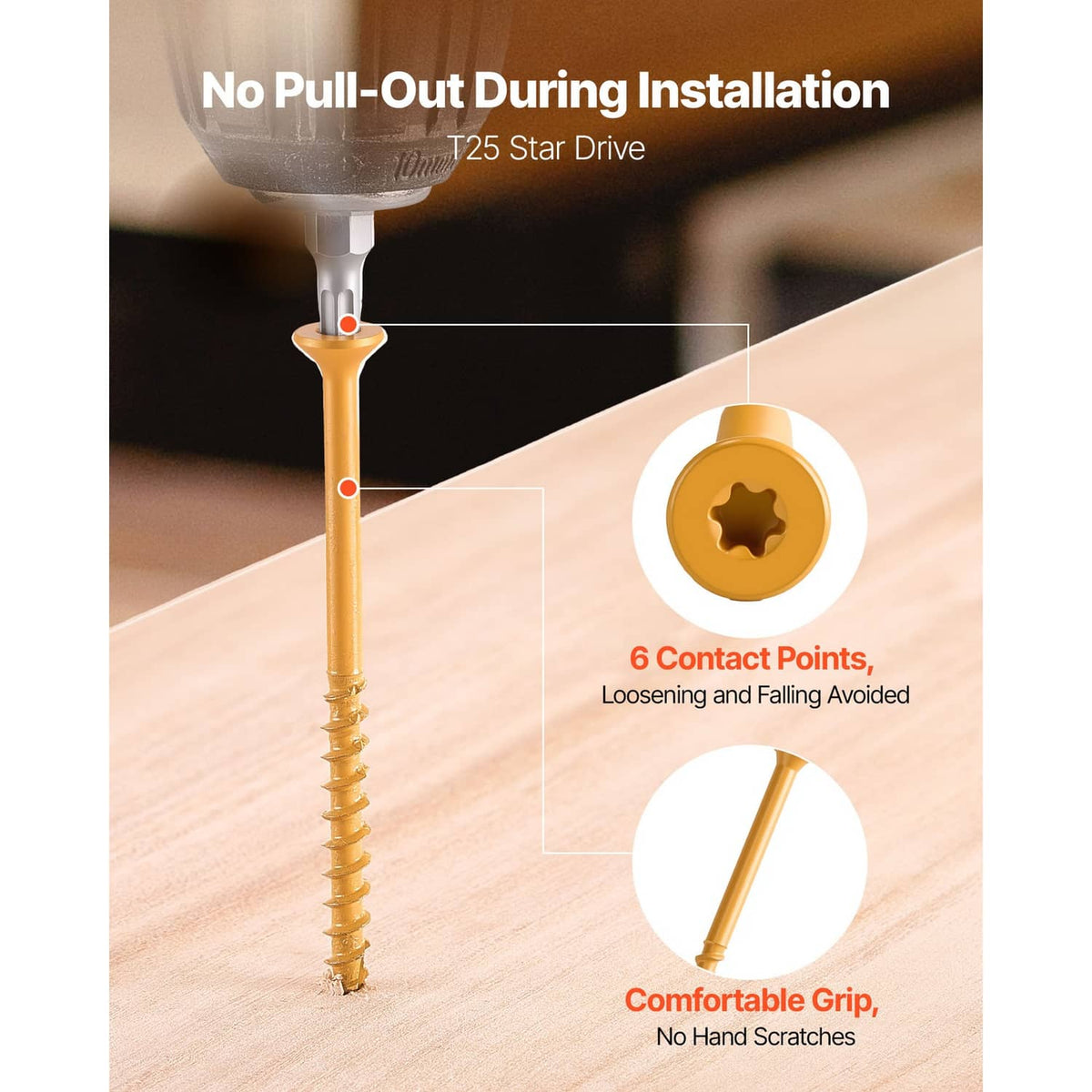 T25 star drive wood screw and tip, shown for installation contact points