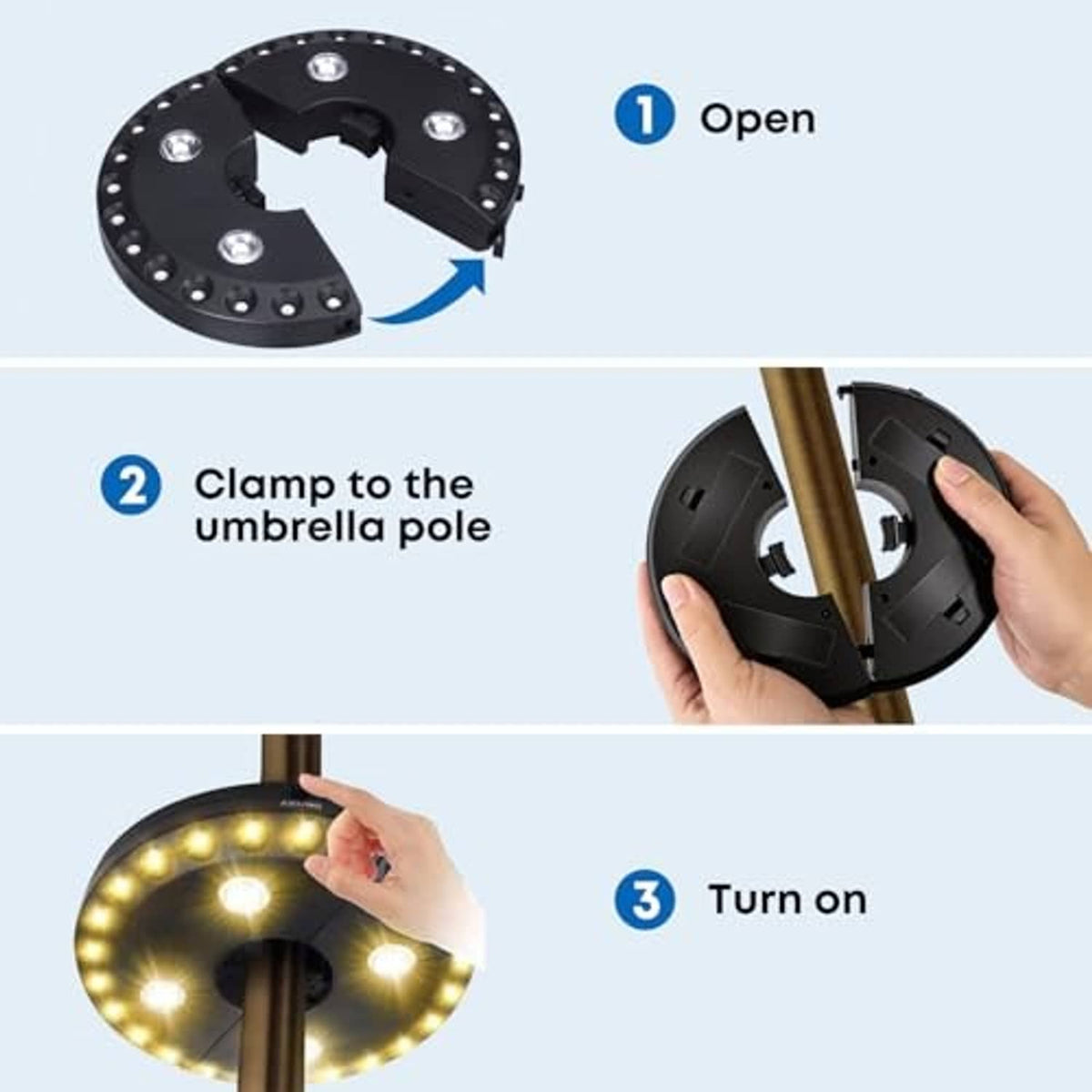 Patio umbrella light installation steps: open, clamp to umbrella pole, then turn on