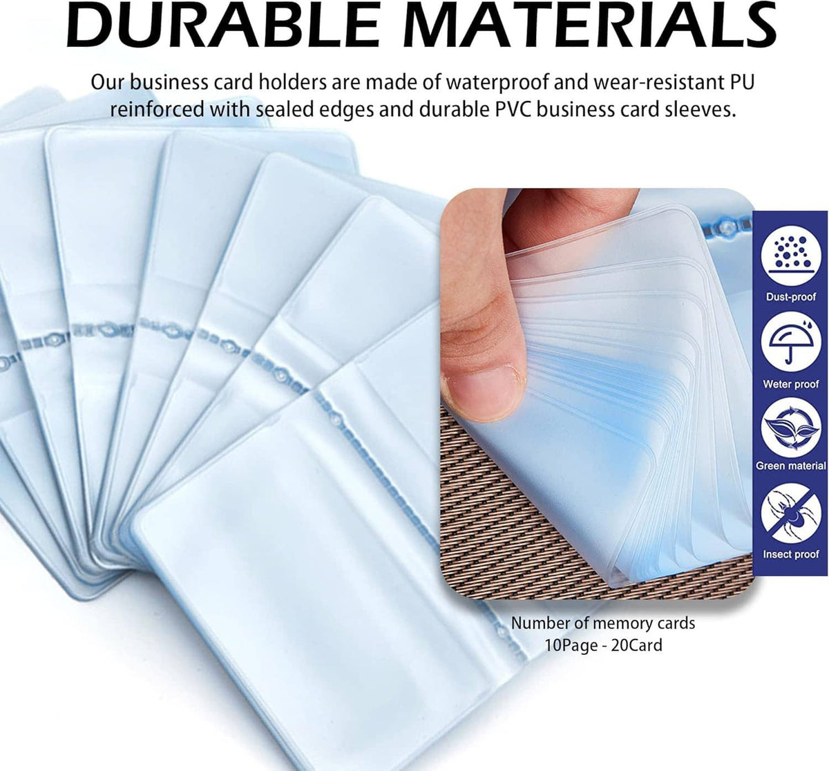 Light blue transparent plastic credit card wallet insert with card slots, hand holding