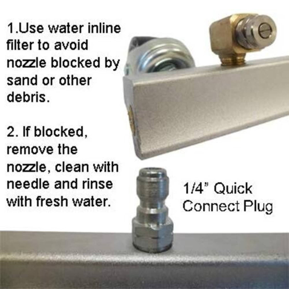 Undercarriage cleaner spray nozzle with water inlet and 1/4 quick connect fitting