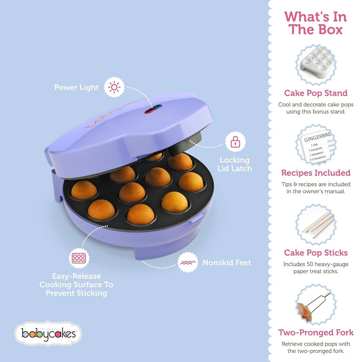 Lavender cake pop maker with open lid, black cavity tray and locking hinge