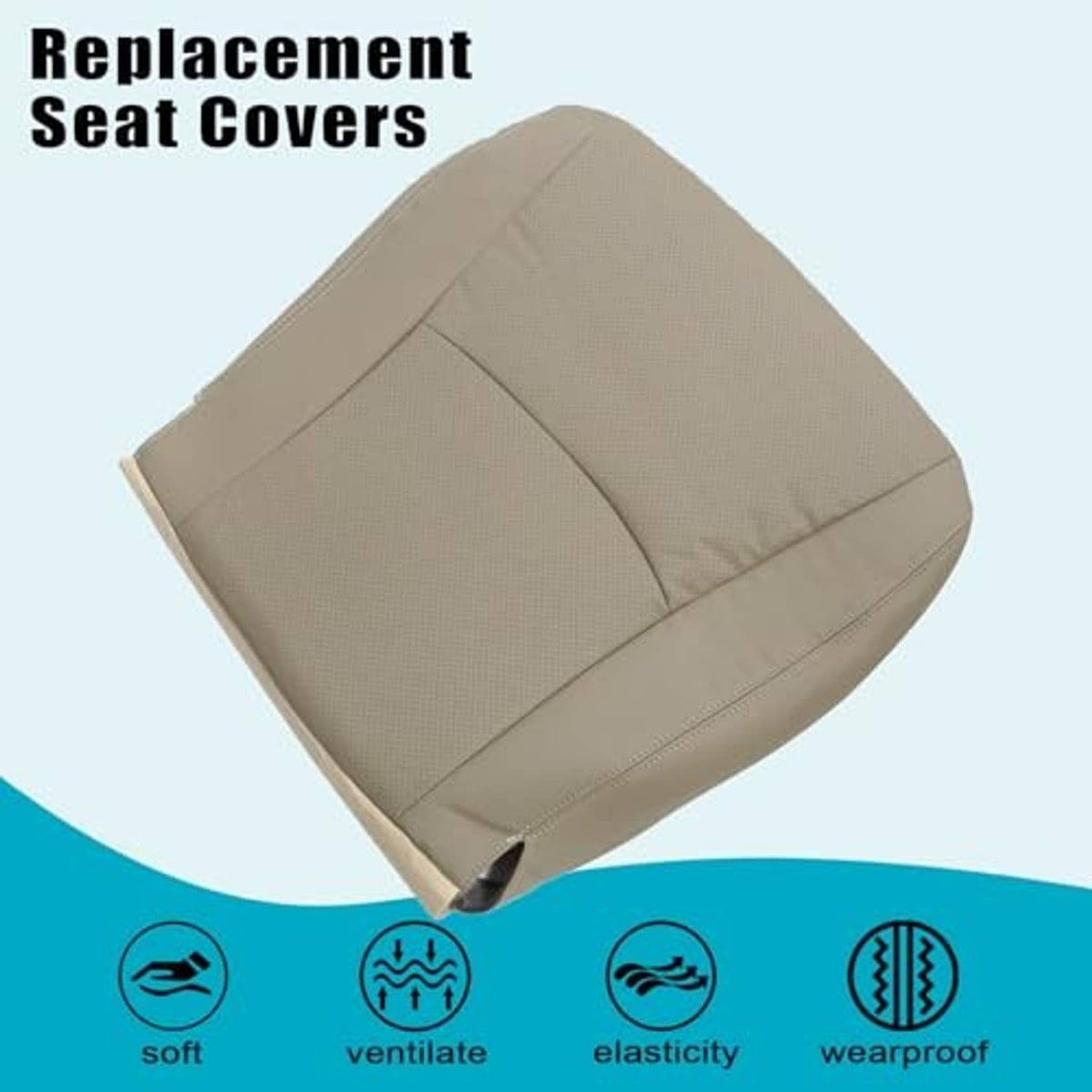 Tan perforated leather seat cover replacement, angled view with stitched seams