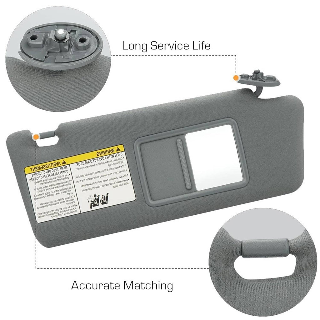 Gray sun visor with round hinge base and telescopic mounting rod detail, includes clips.