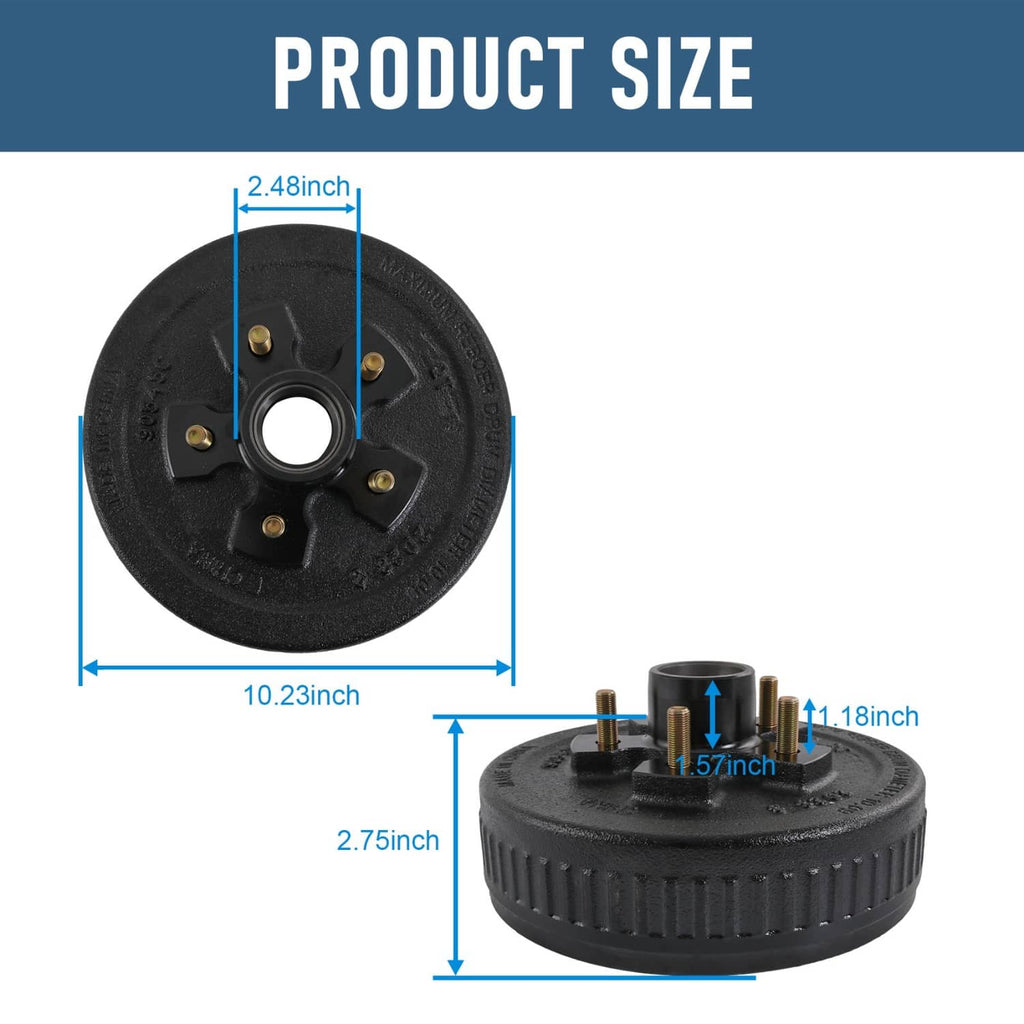 Black trailer brake drum hub with five lug studs and dimensioned size view