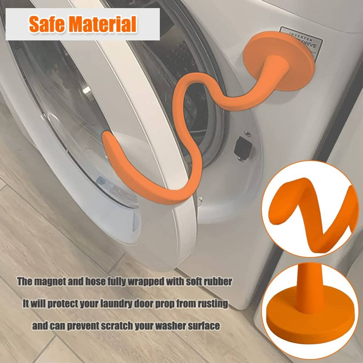 Orange magnetic washer door prop attached to front-load washer door opening