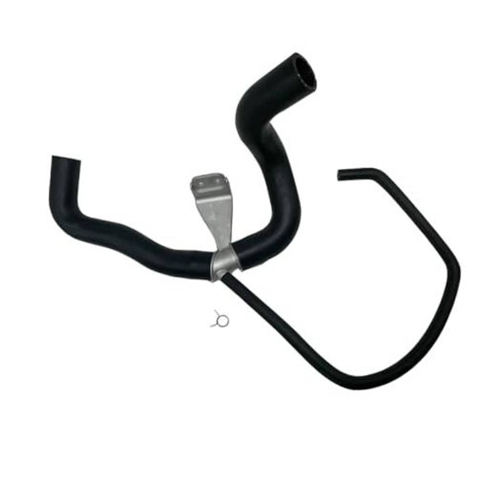 Automotive coolant hose set with black rubber hoses and silver connector bracket