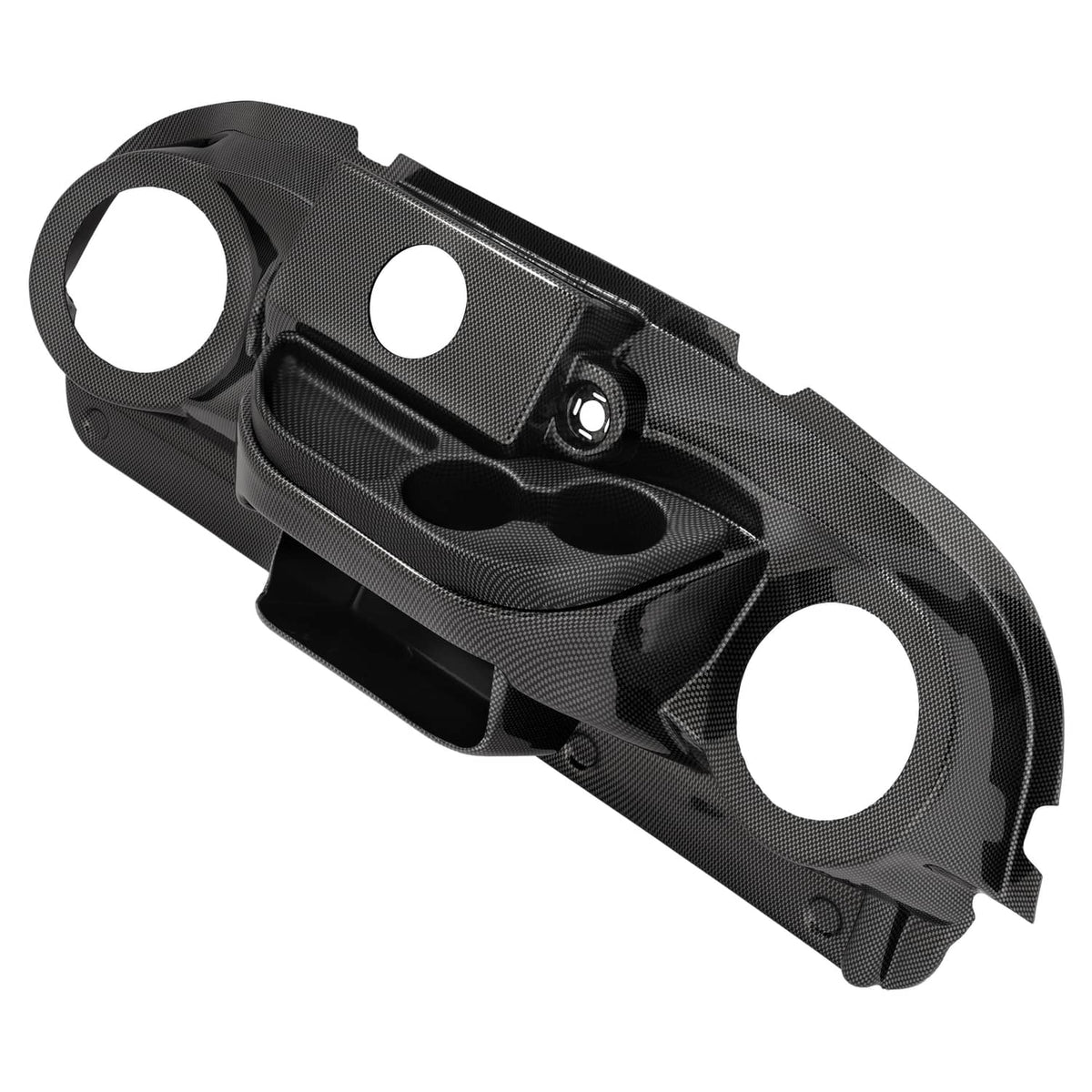 Golf cart dashboard cover, carbon-fiber style black, angled view with circular cutouts