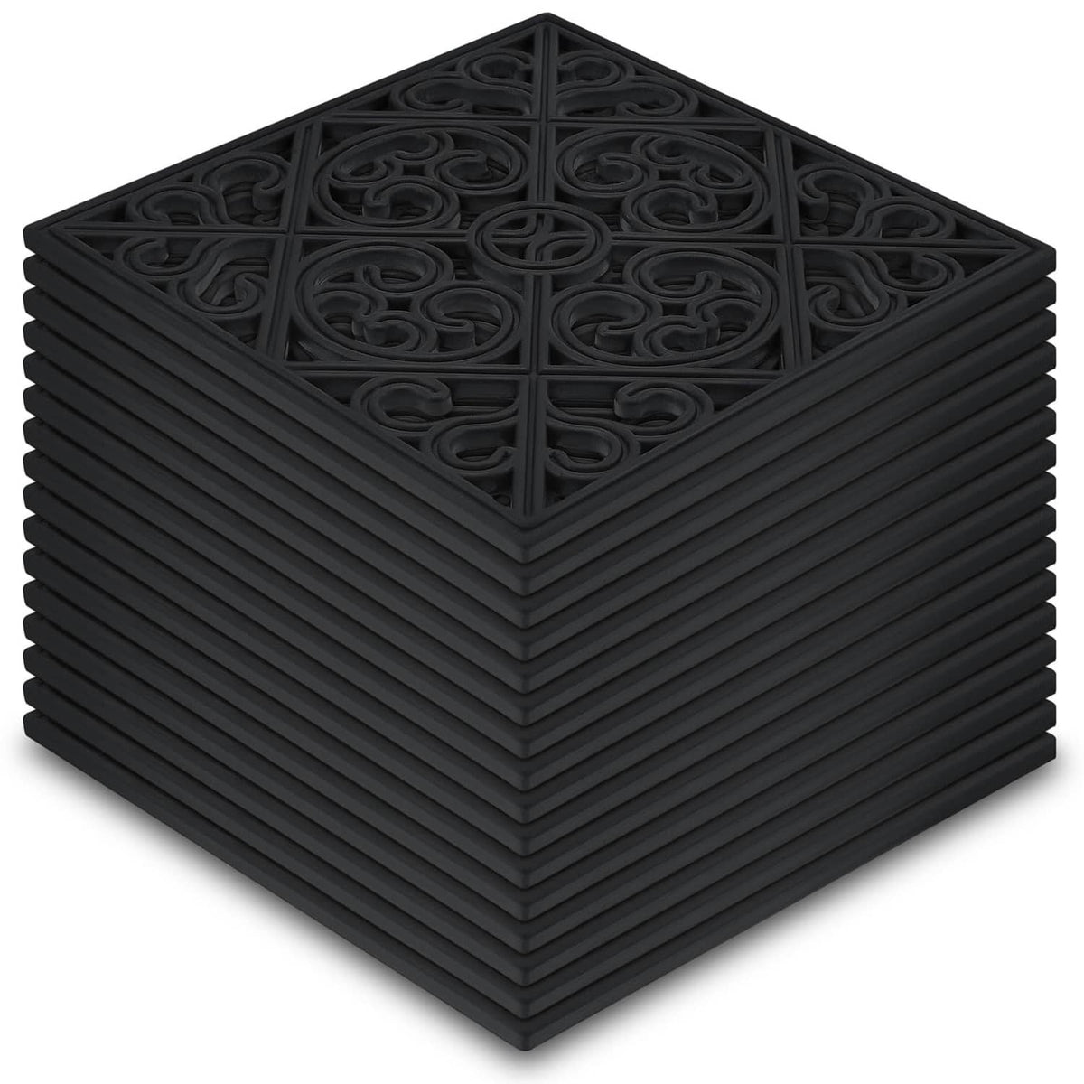 Stack of black square rubber stepping stone tiles with decorative swirl pattern