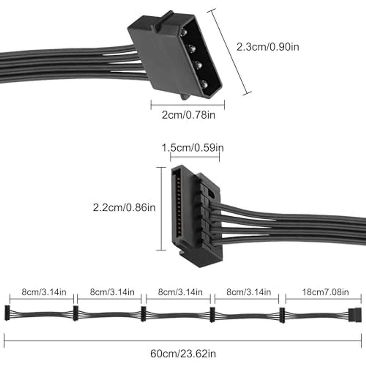 IDE to SATA power splitter cable with length and connector size diagram
