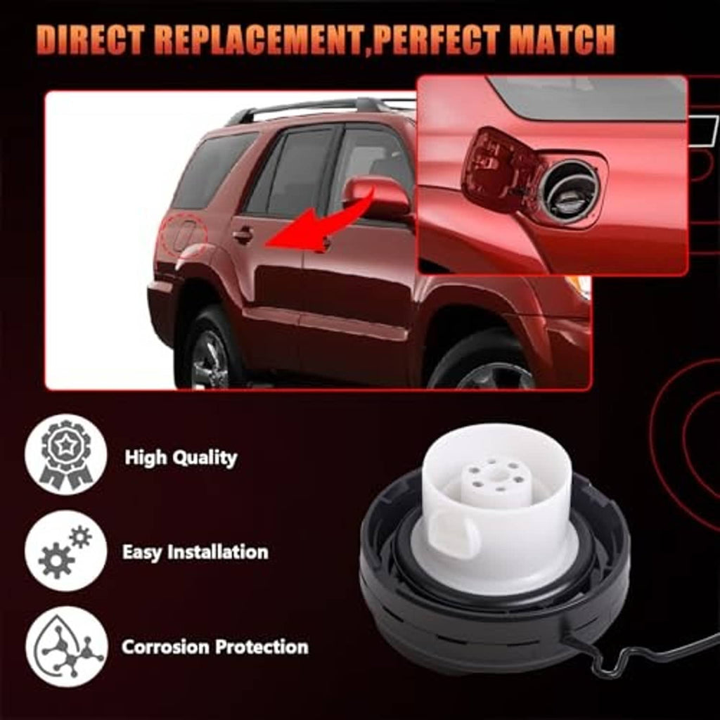 Fuel tank filler cap assembly with white insert, shown with install and quality icons