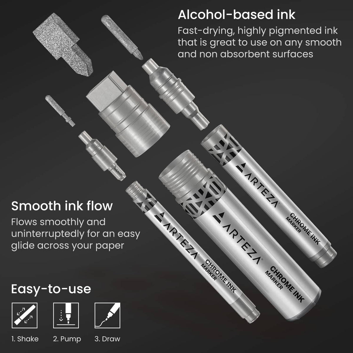 Three silver chrome ink markers with multiple nib sizes and protective caps