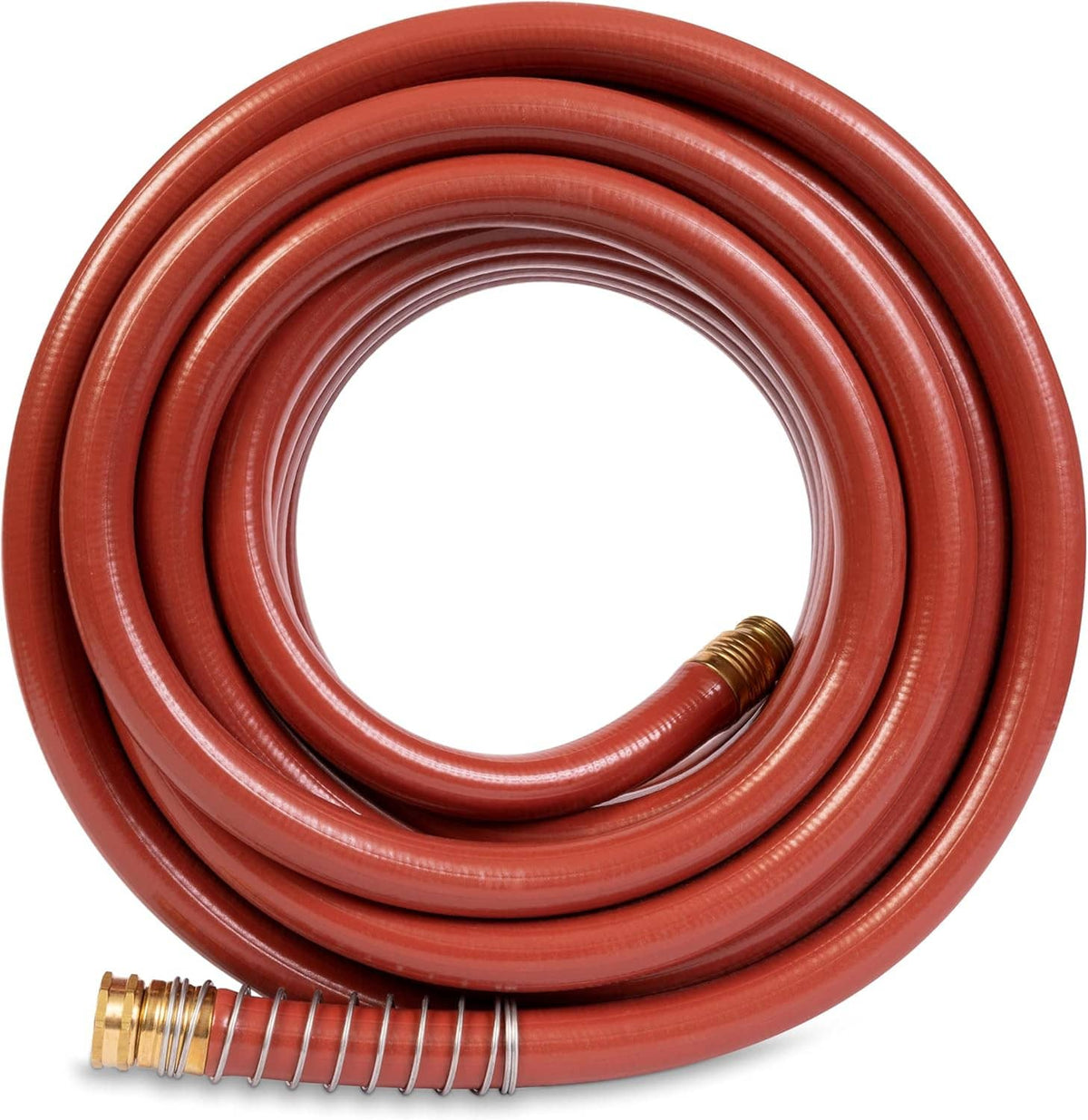 Red 3/4 in x 50 ft water hose, tightly coiled with brass end fitting.