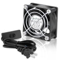 Small square DC cooling fan with metal blades and power cord, black housing