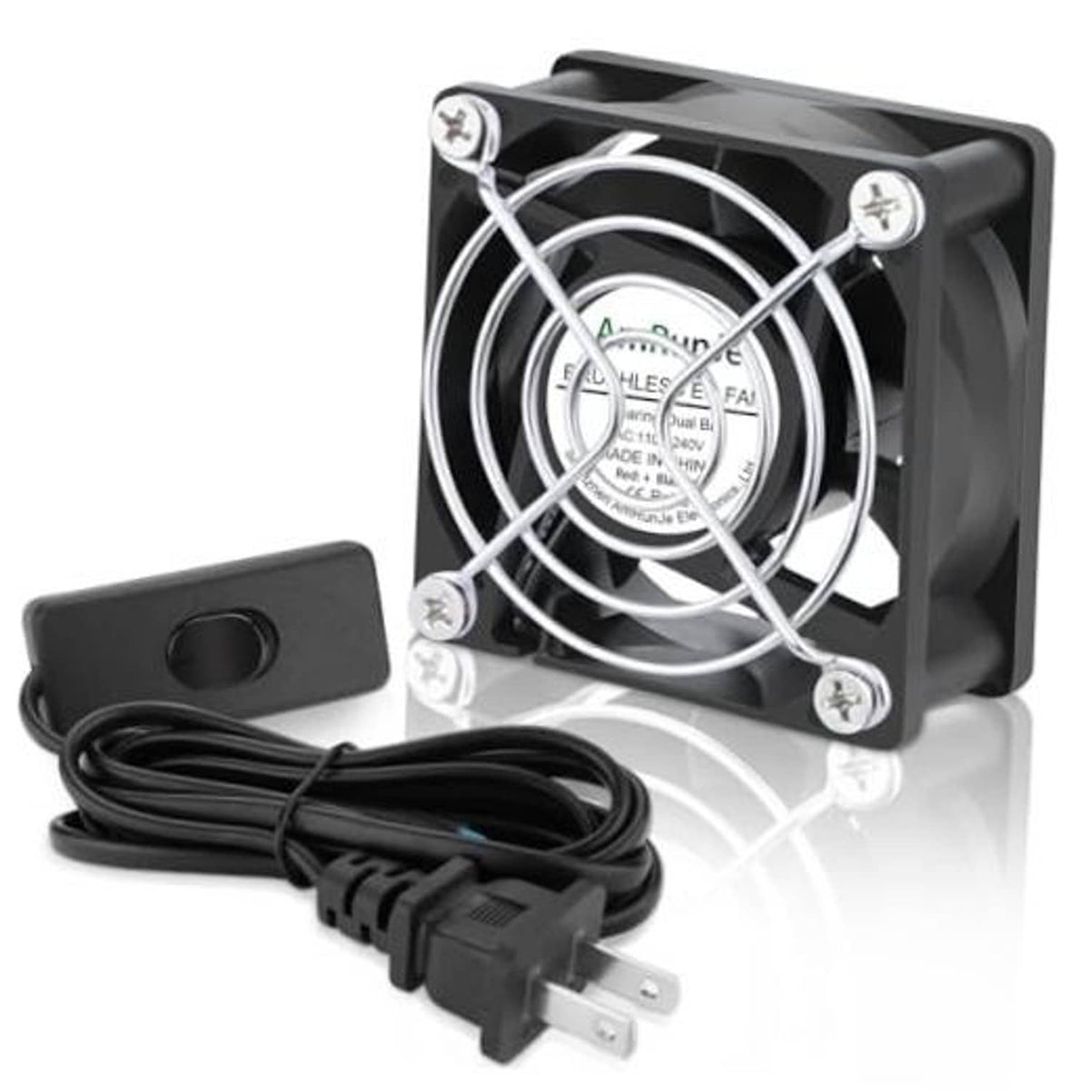 Small square DC cooling fan with metal blades and power cord, black housing