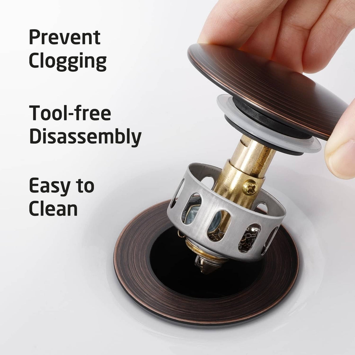 Bathroom sink pop-up drain with dark bronze strainer and brushed metal base