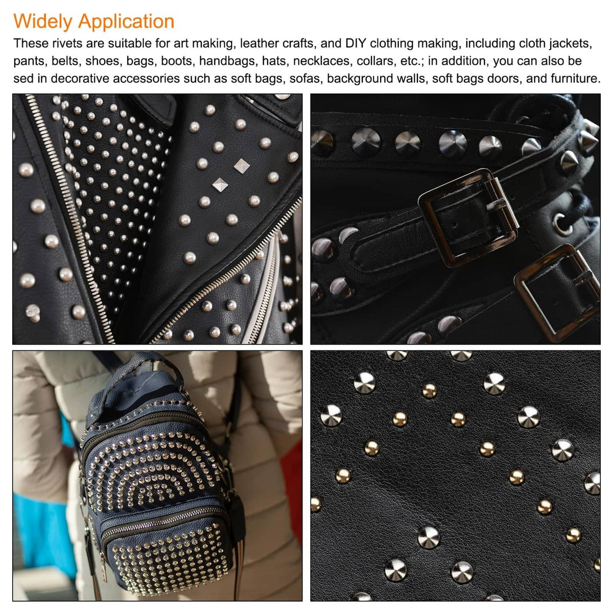Decorative rivet studs on black leather bag straps and panels