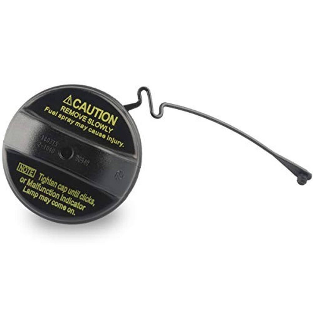 Black fuel cap with caution label and tether handle, angled close-up