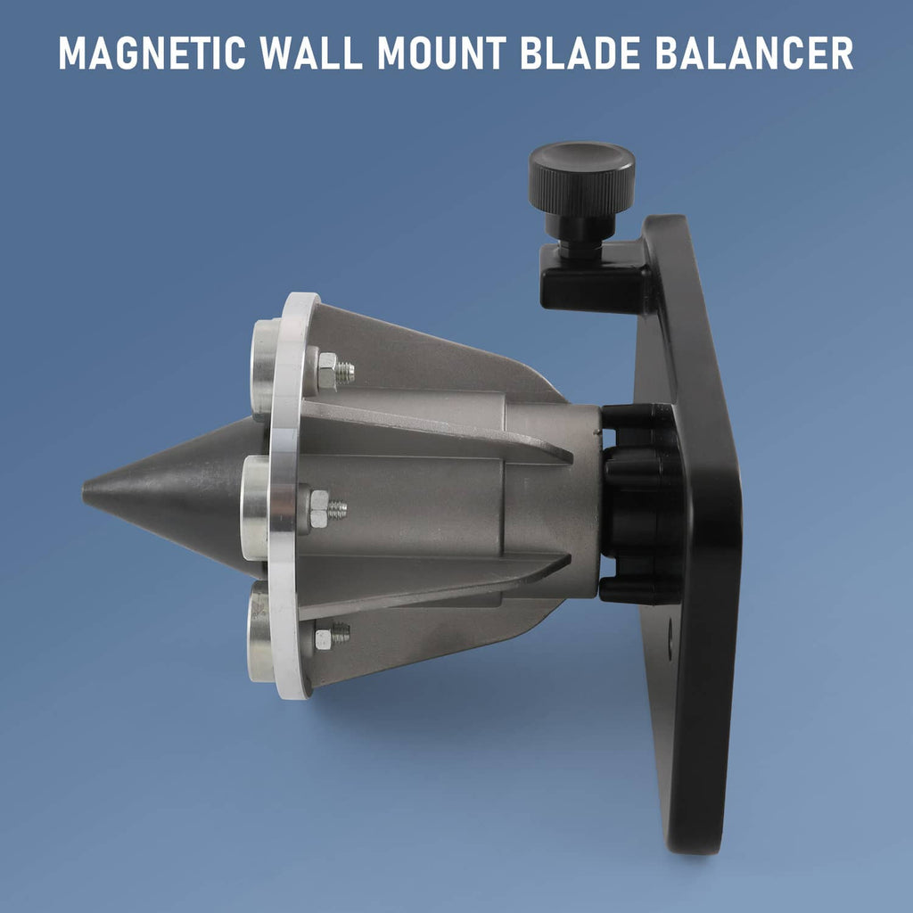 Magnetic wall mount blade balancer with silver housing, black arm, and mounting plate