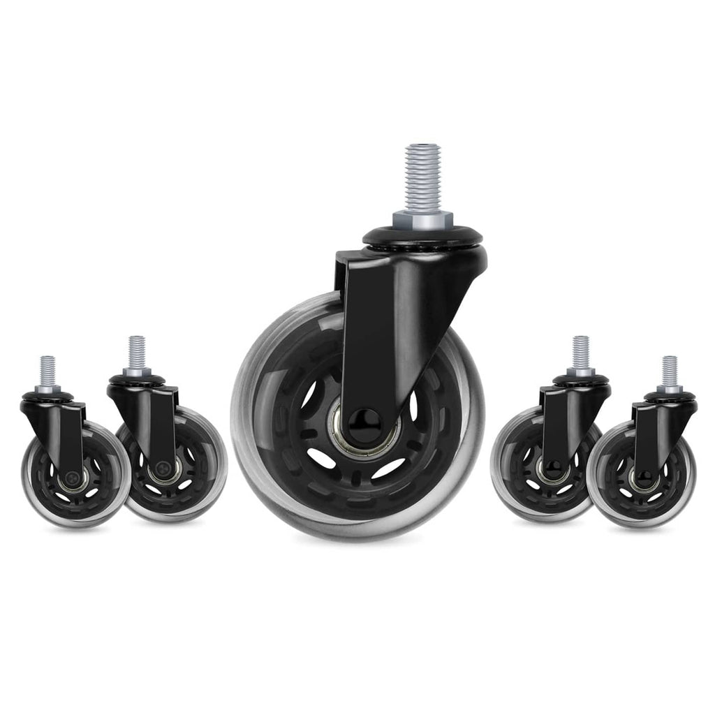 Pack of five black office chair caster wheels with threaded stem bolts