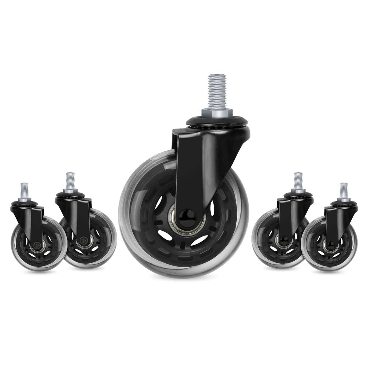 Pack of five black office chair caster wheels with threaded stem bolts