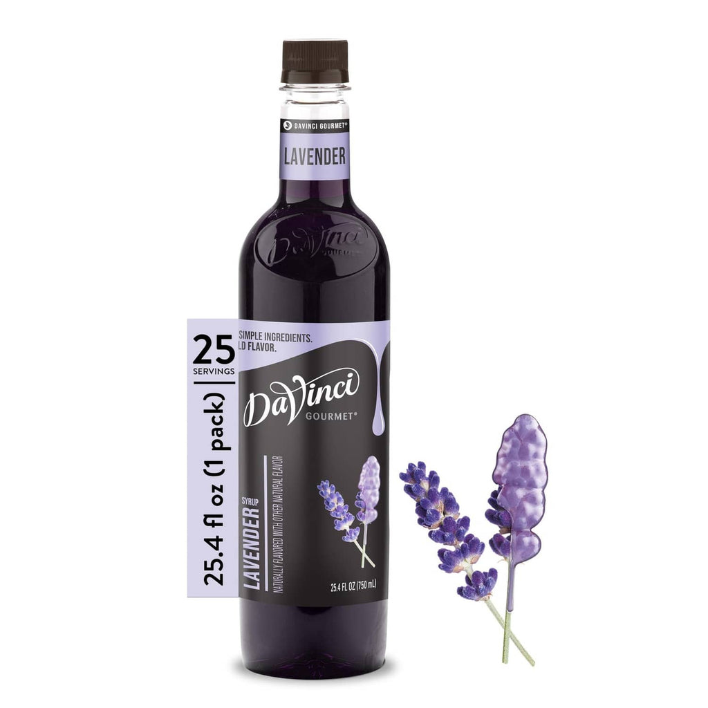 Lavender syrup bottle with lavender sprigs and 25.4 fl oz front label