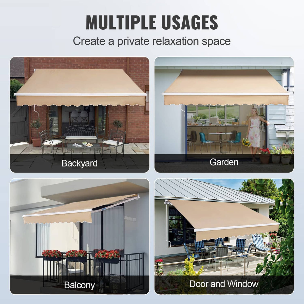 Retractable patio awning shown in multiple outdoor locations with beige canopy
