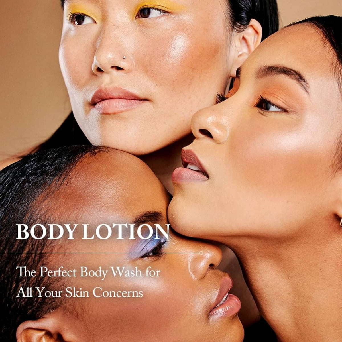 Body lotion on models close-up with "BODY LOTION" text overlay