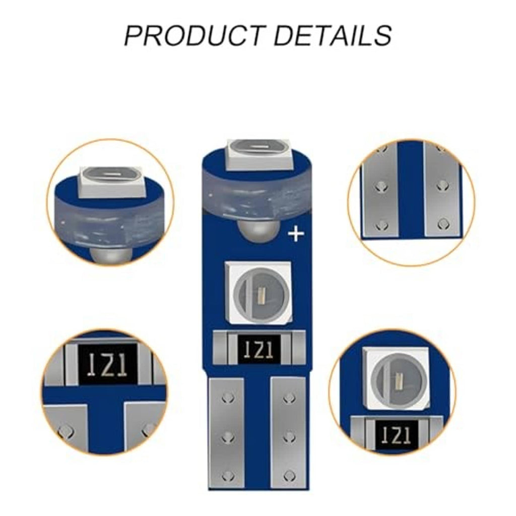 T5 LED bulb front and close-up contact layout with 121 marking detail