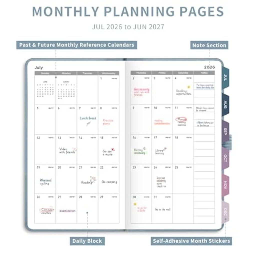 Monthly planning pages for Jul 2026 to Jun 2027 with calendar grids and note section