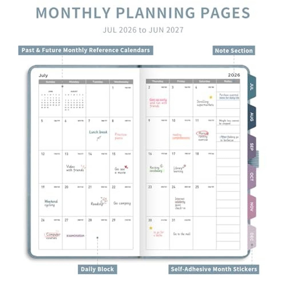 Monthly planning pages for Jul 2026 to Jun 2027 with calendar grids and note section