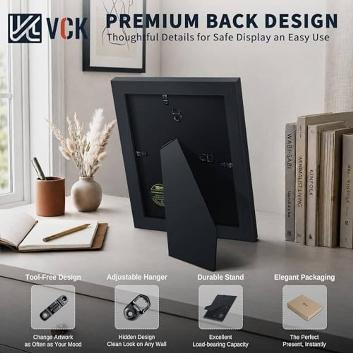 Black 5x7 picture frame back with stand and hanging hardware