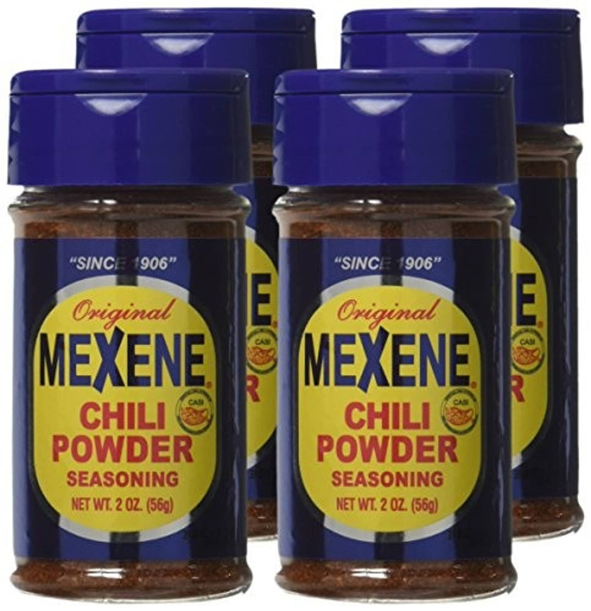 Four Mexene chili powder seasoning bottles with blue caps, original labels
