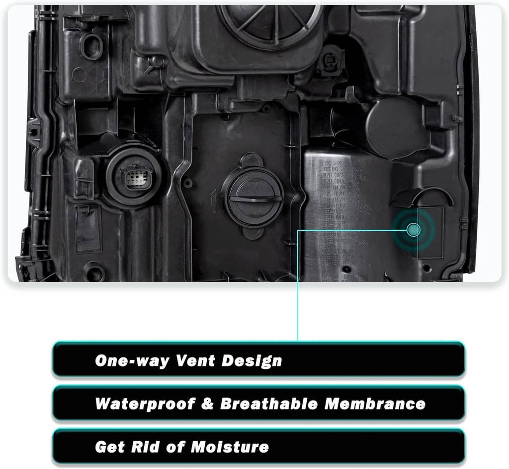 Close-up of internal headlight housing with vent and moisture-management membrane area