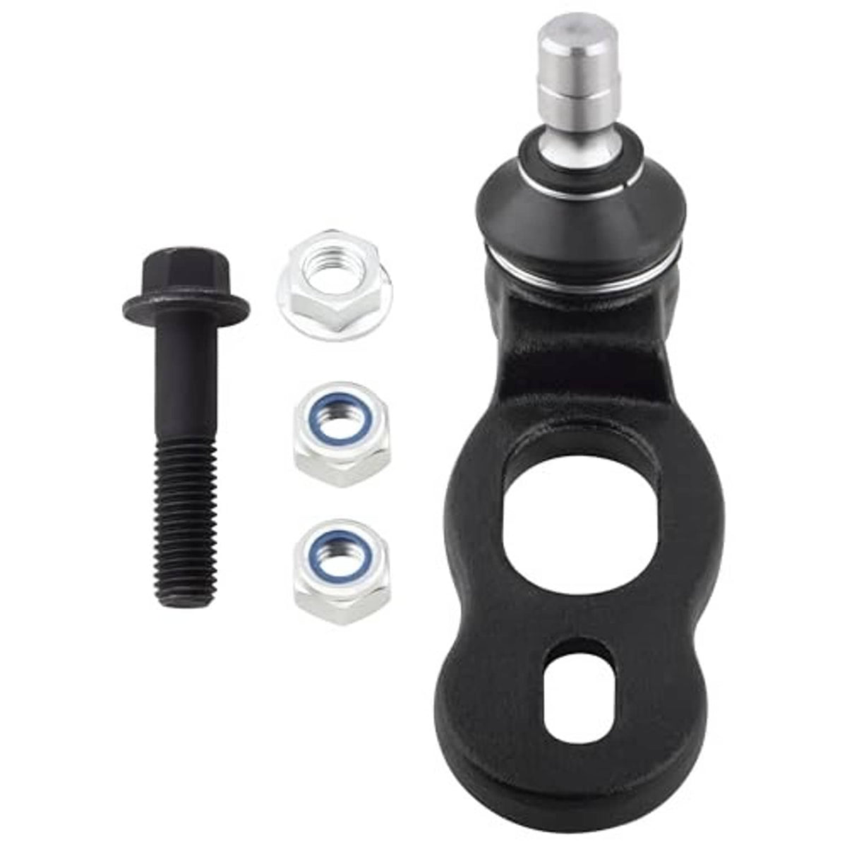 Front upper ball joint with black bracket, steel stud, separate bolt and included nuts.